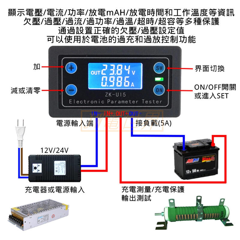 多功能電池充電放電保護電壓電流功率容量時間欠壓過壓保護充放電保護 電世界73 1 露天拍賣