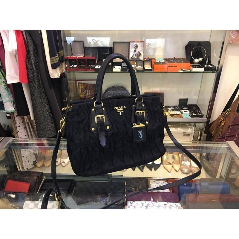 PRADA 黑色帆布皺褶 高菲包 肩背 斜背 兩用包 (XB6086)