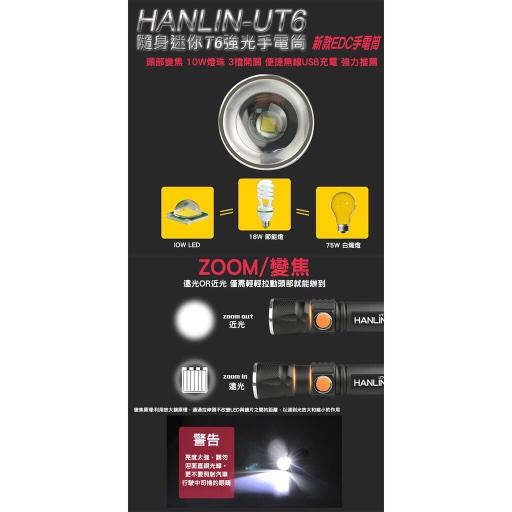 HANLIN UT6 隨身迷你強光手電筒 鋁合金工作燈 伸縮變焦 USB充電 免電池 露營 居家檢修 釣魚 腳踏車燈