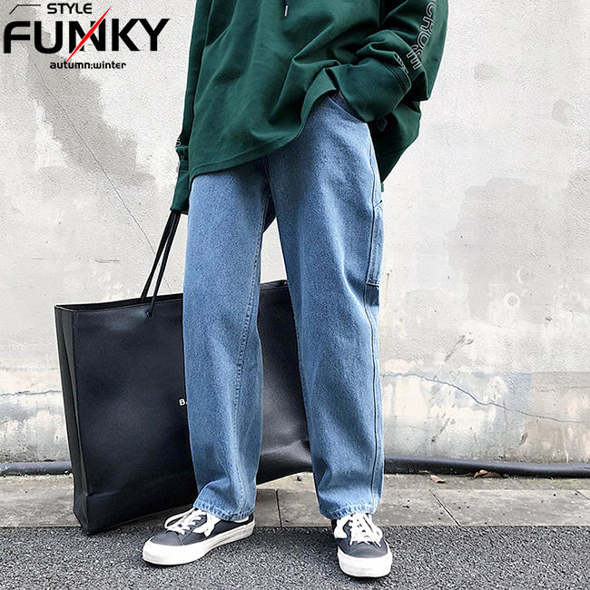 Funky 小版男裝 獨家預購18冬季新品復古懷舊風格素面水洗寬鬆落地直筒牛仔寬褲垮褲長褲寬管褲拖地褲 露天拍賣