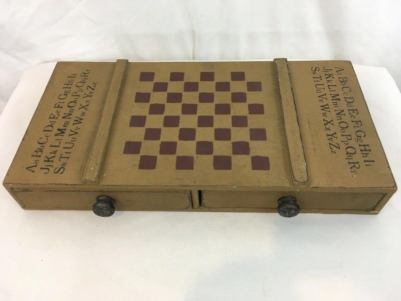 復古手工製作 木頭2抽屜收納 校舍檢查器 象棋棋盤遊戲