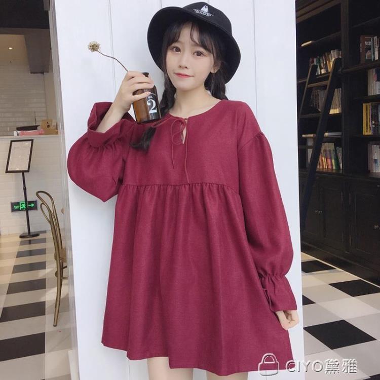 免運 可開發票 春秋新款女裝韓版小清新領口繫帶寬鬆喇叭袖長袖連身裙娃娃中長裙 「新百匯」xb