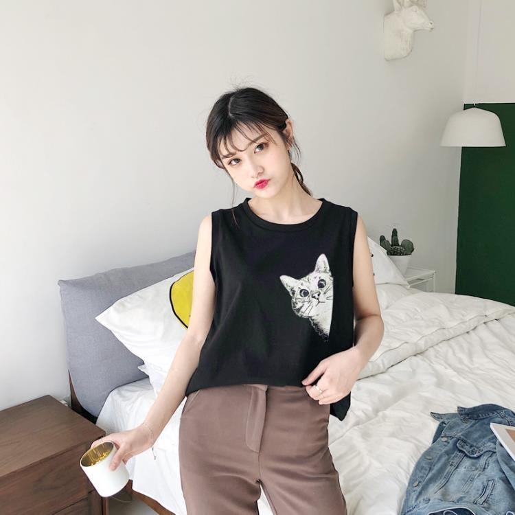 女士無袖t恤日系可愛卡通貓咪印花無袖t恤女寬鬆原宿bf風百搭學生外穿背心夏 免運 可開發票 【易購生活館】