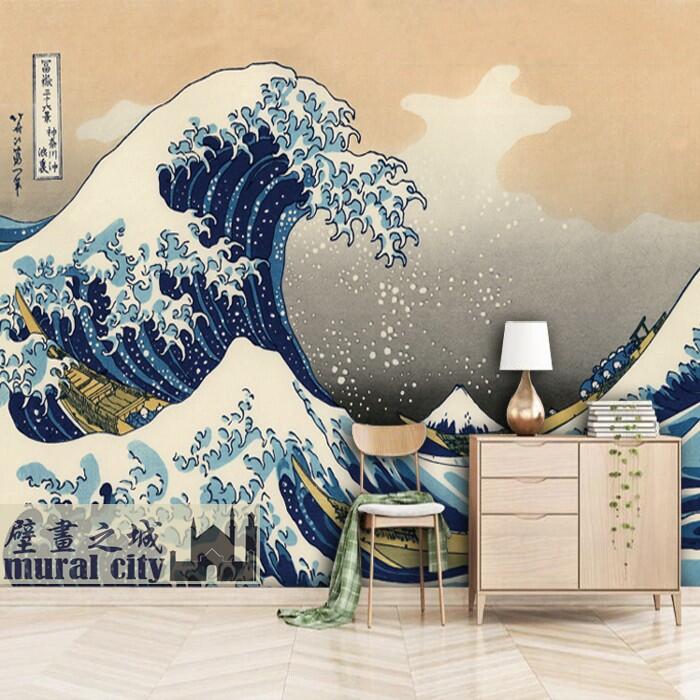 日式和風日系壁紙浮世繪大海浪花復古墻紙布日本神奈川沖浪里壁畫 露天拍賣