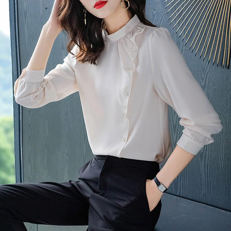 襯衣女長袖春裝2020年新款潮立領洋氣寬松雪紡上衣設計感小眾襯衫 襯衫 蕾絲雪紡衫 長袖襯衫 大尺碼