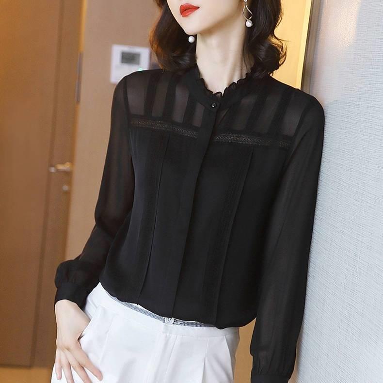 重磅仿真絲襯衫女2020春秋新款雪紡長袖襯衣設計感洋氣打底衫上衣【4月9日發完】 襯衫 蕾絲雪紡衫 長袖襯衫 大尺碼