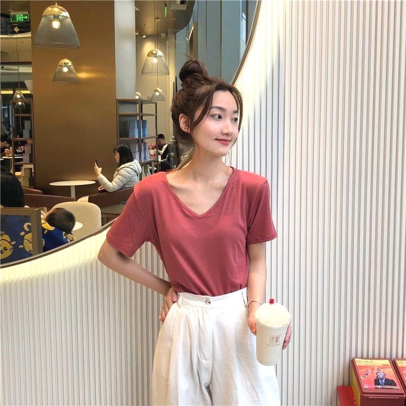 2021夏季新款小清新簡約純色V領短袖T恤女寬鬆顯瘦學生上衣打底衫