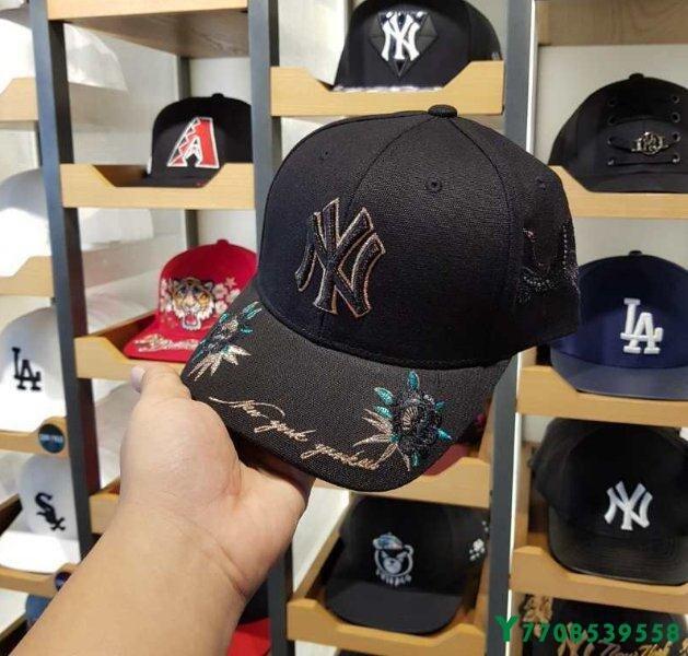 韓國MLB棒球帽NY帽子新款玫瑰花仙鶴刺繡黑色卡其色洋基隊鴨舌帽遮陽帽可調節防曬帽遮陽帽帽侶情鴨舌帽