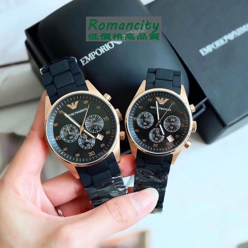 誠信好康鋪Emporio Armani 玫瑰金 黑 矽膠 三眼計時 手錶 情侶對錶 AR EA AR5905 AR590